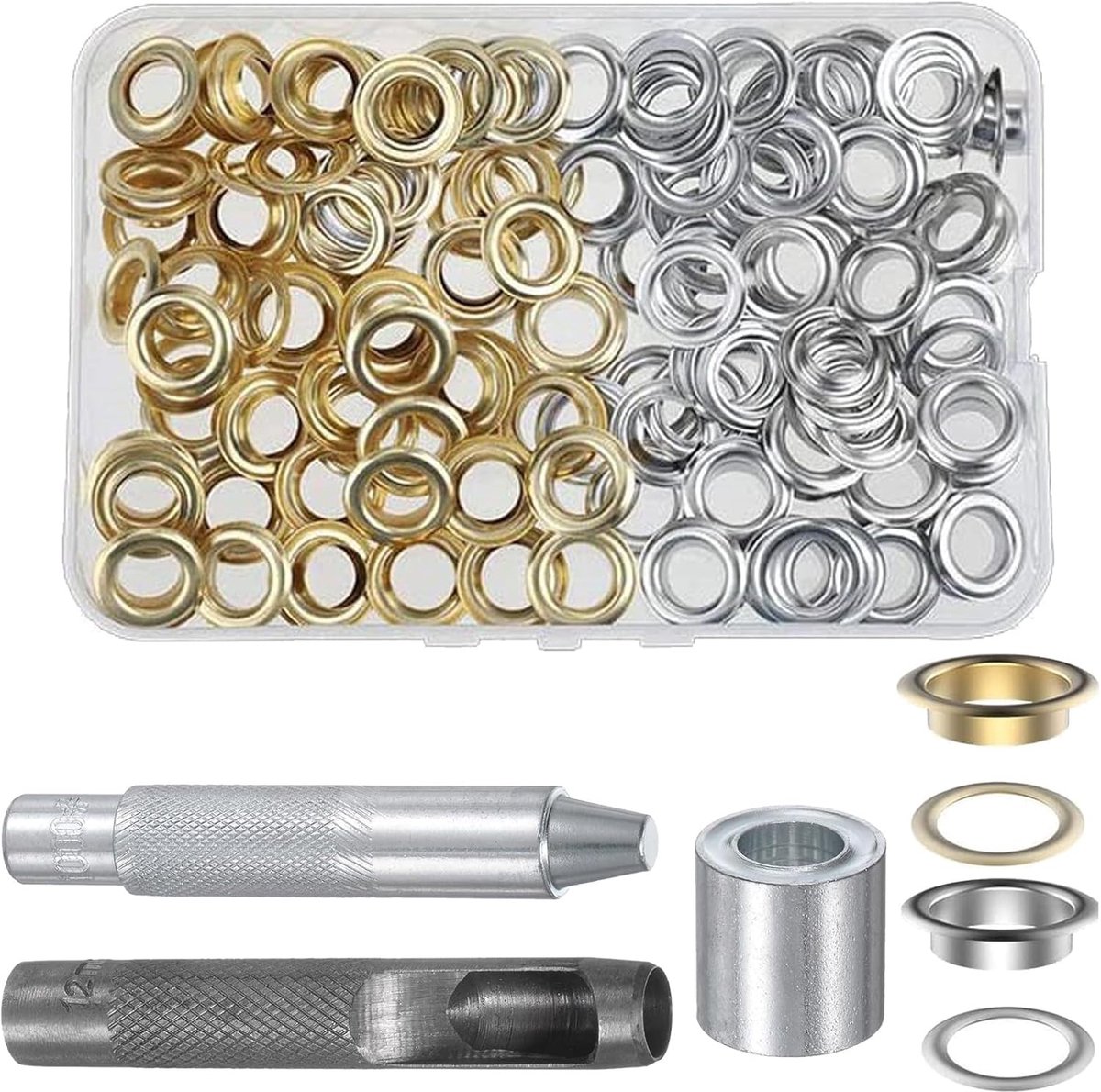 Set voor het ponsen van zilveren en gouden tentoogjes, 12 mm, 100 metalen oogjes, inclusief ponsgereedschap en opbergdoos, doe-het-zelf knutselset, tentreparatieset, geschikt voor stoffen, schoenen, tassen, canvas, riemen, posters en kleding.