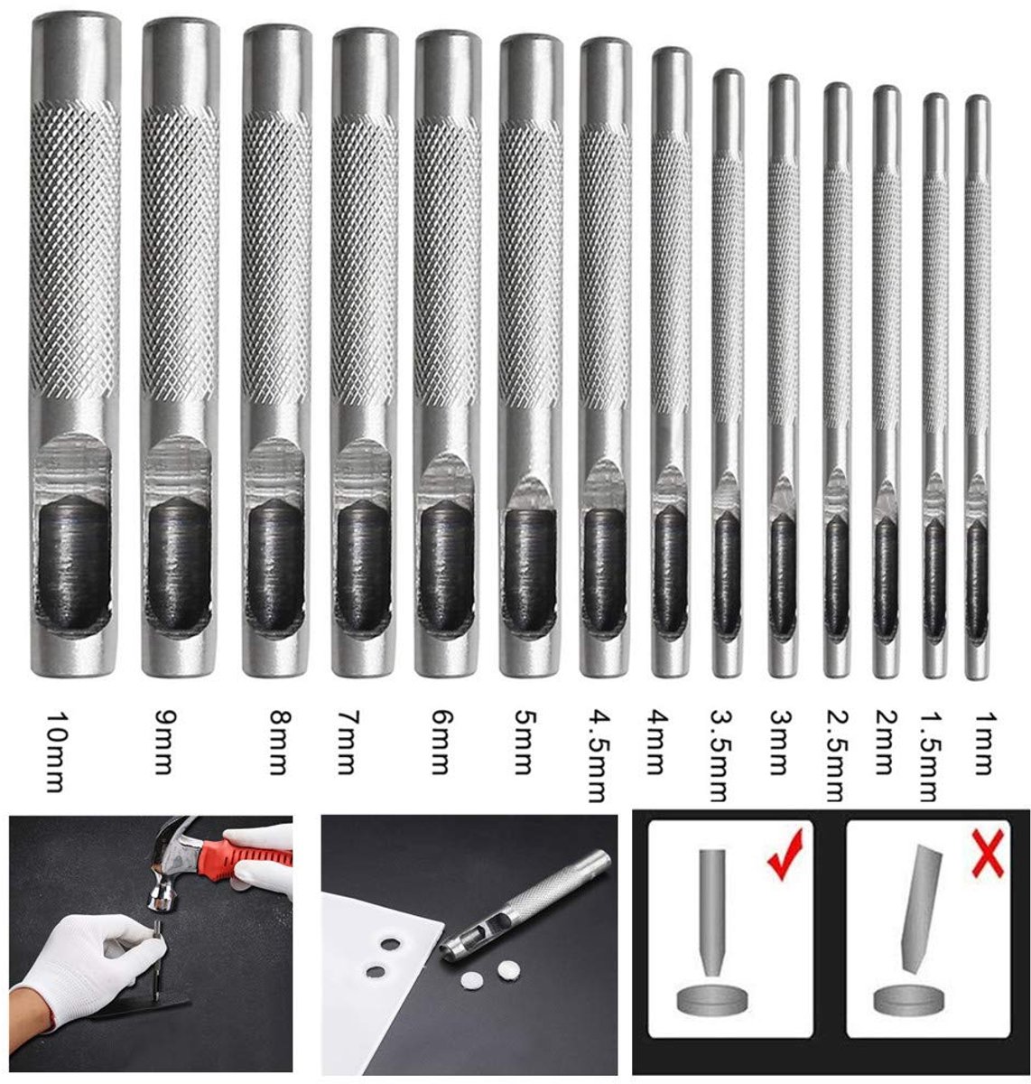 14-delige leerperforatorset, ronde perforatieset, geschikt voor horlogebandjes, leren riemen, canvas, papier en plastic (1 mm tot 10 mm).