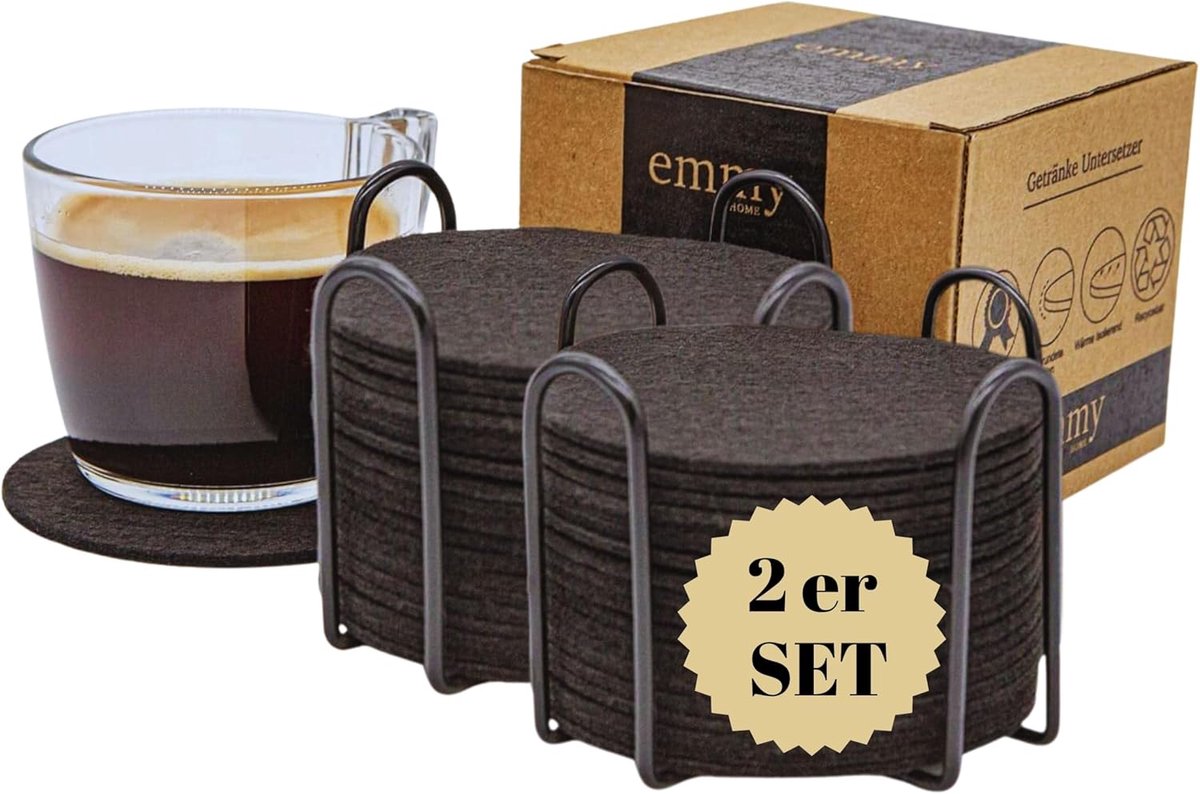 Vilten onderzetters, 2 x 18-delige set, zwart met metalen houder, 36 ronde glasonderzetters, 3 mm, kopjesonderzetters, bierdeksel voor bar, keuken, kantoor, modern en ideaal als cadeauset