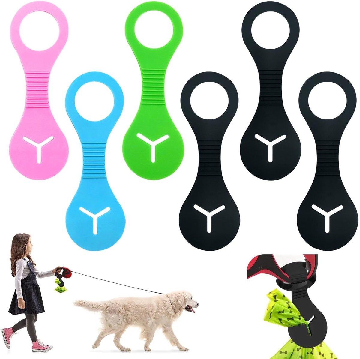 Dailygoods - Dailygoody - Poepzakhouder - Flexibele Poepzak Dispenser - Handig voor Hondenbezitters - 6-delige Set - Poepzakhouder voor Hondenriemen - Draagbaar -
