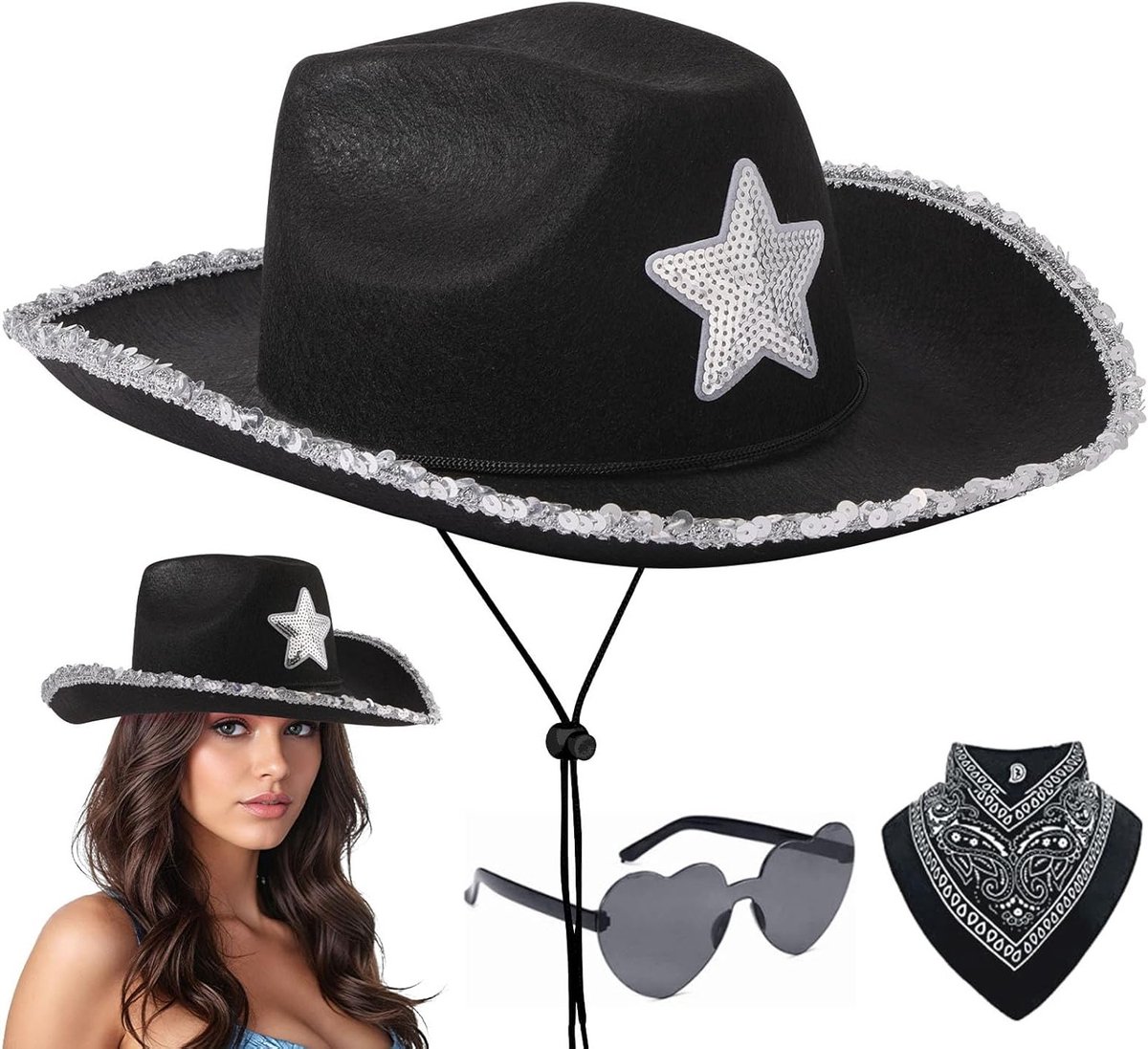 Stijlvolle Cowboyhut voor Mannen en Vrouwen met Hippie Hartbril en Neckerchief voor Feestelijke Carnavalskostuums en Western Thema's