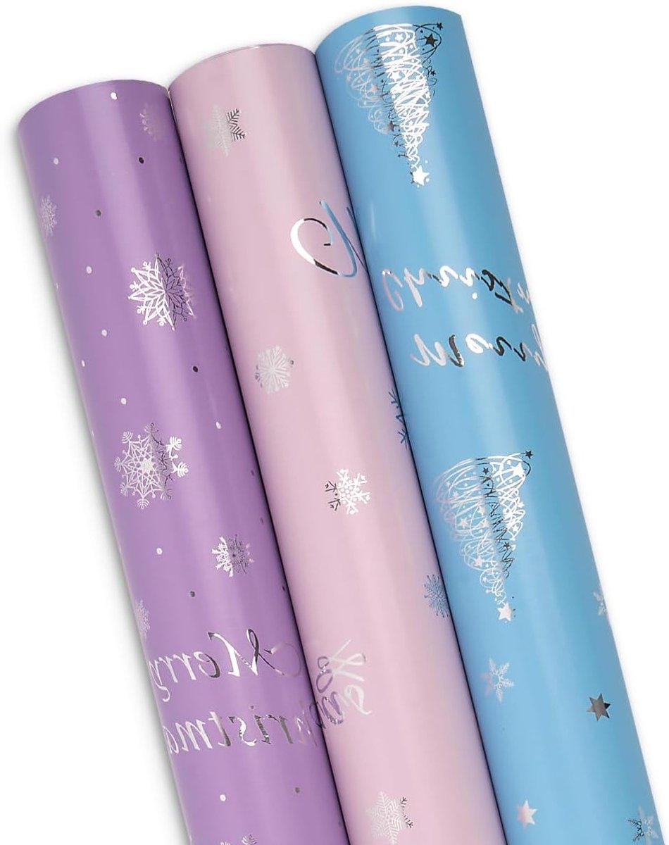 Kerstcadeau inpakpapier - 3 rollen van 43 cm x 3 m met kerstmotieven en sneeuwvlokken voor feestdagen, verjaardagen en bruiloften