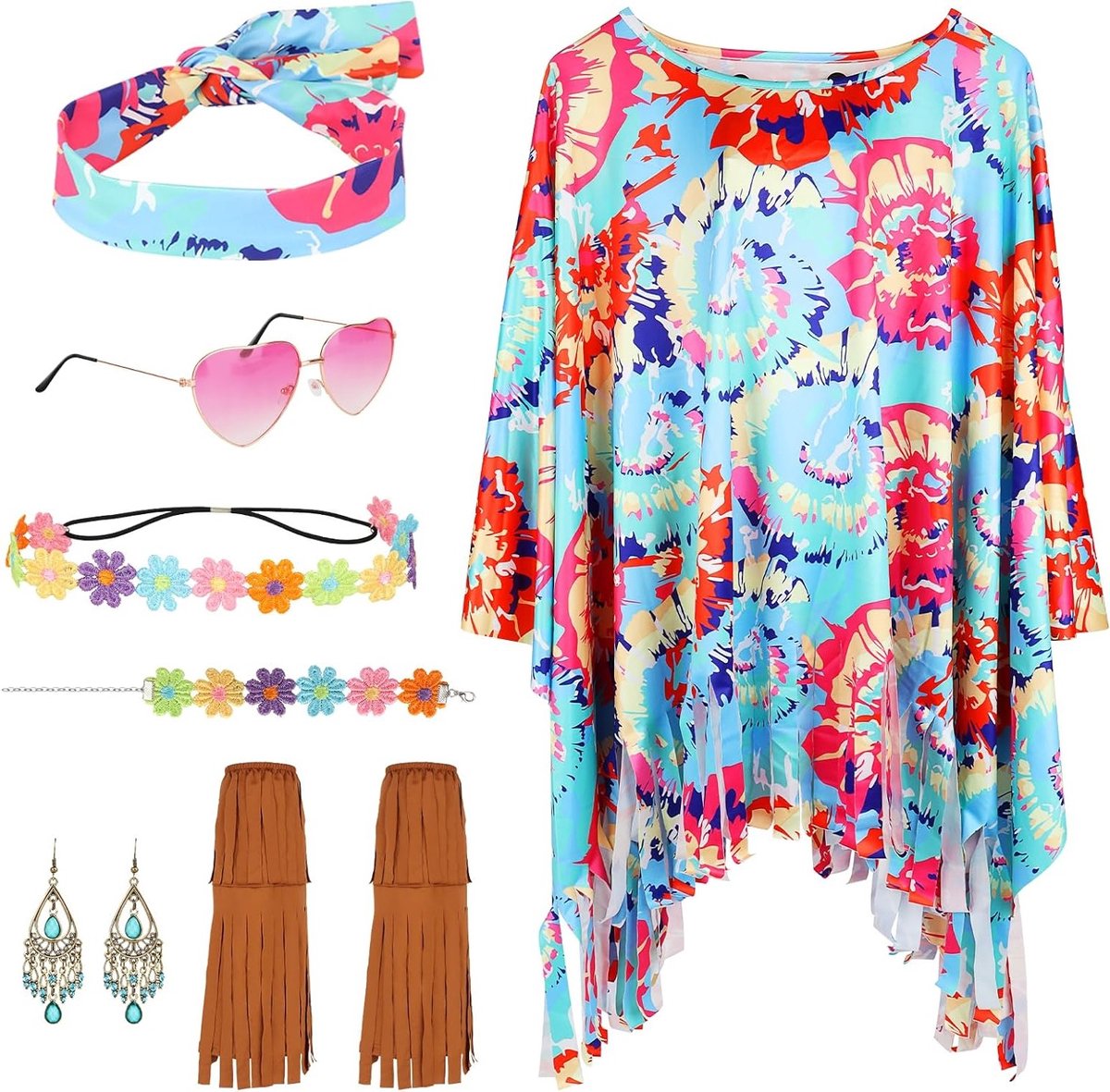 Hippie Kostuum met Cape en Accessoires voor Carnaval - Inclusief Schoenen, Bril, Oorbellen en Hoofdband voor een Feestelijke Look