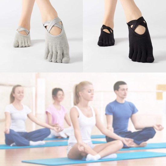 Dailygoody - Yoga Sokken - Antislip - 2 Pairs - Grijs/Zwart - Volledige Teen - Geschikt voor Yoga en Pilates - Ankle Lengte — afbeelding 2