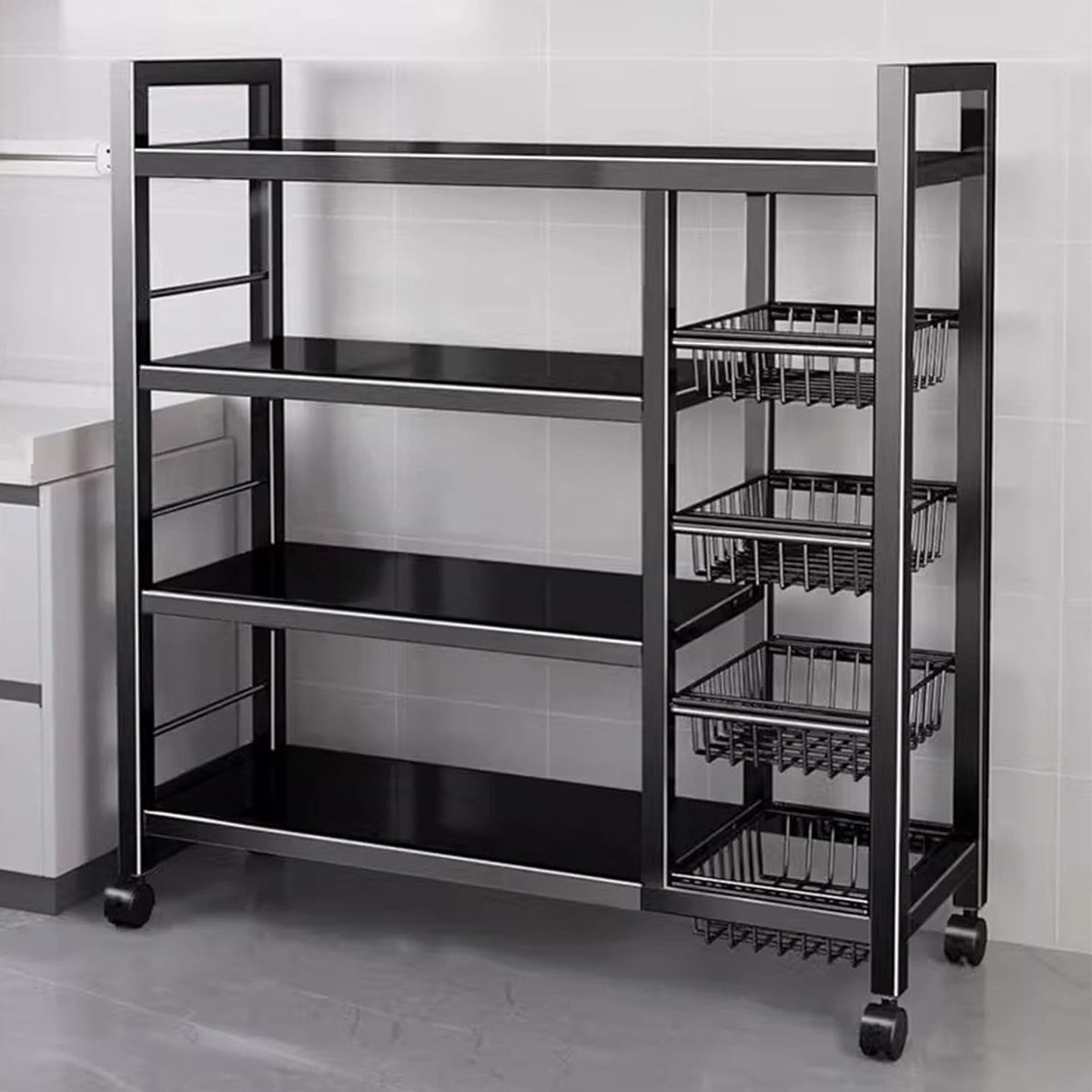 Robuuste en duurzame metalen opbergkast met 4 lagen, 4 gevlochten manden en wielen, hoogte verstelbaar met 5 cm, ideaal voor garage en keuken (zwart, 120 x 32 x 135 cm)