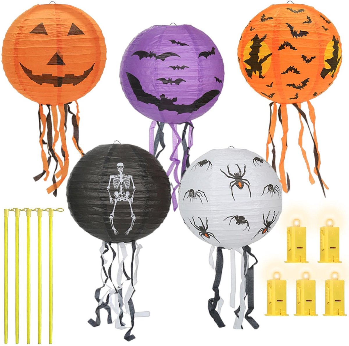 Dailygoods - Dailygoody - Halloween-lantaarns - Led-lantaarn - Opvouwbare lampenkap - Papieren lantaarn - Decoratie voor Halloween - Geschikt voor kinderen - 5 stu