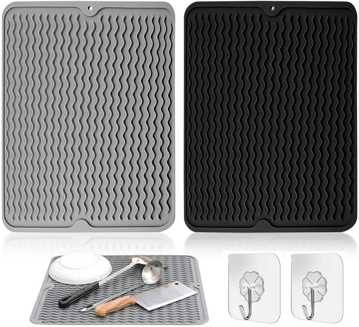 Dailygoody - Afdruipmat - Siliconen afdruipmat - Hittebestendig en antislip - 40 x 30 cm - Keukengerei drogen - Grijs en zwart