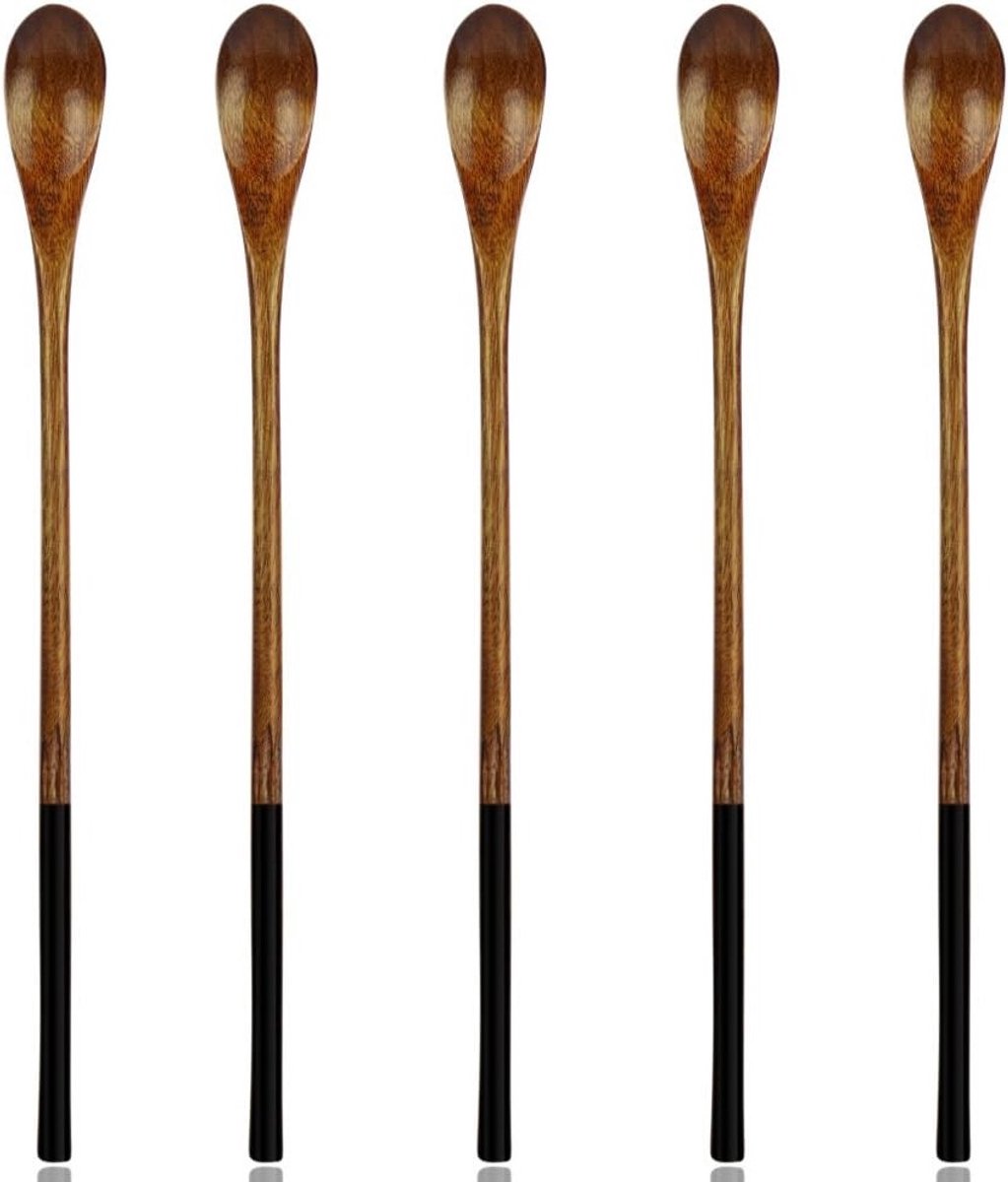 Set van 5 Houten Lepels met Lange Handgreep voor Roeren van Honing, IJs en Dranken
