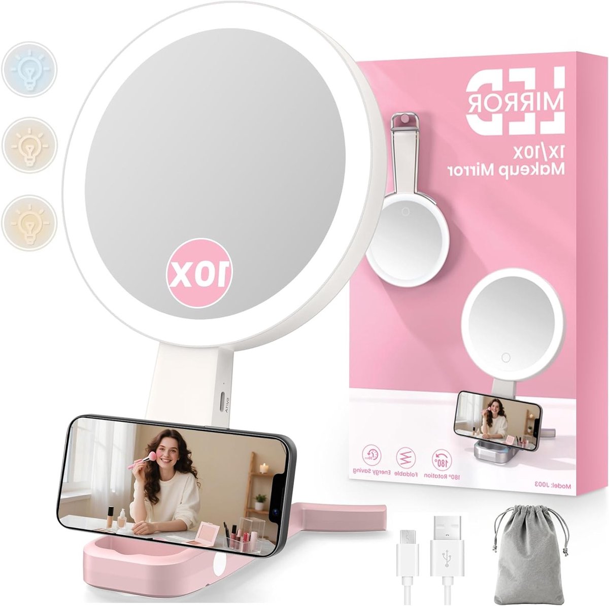 Versterk je Schoonheid met een Verlicht Make-up Spiegel - Dubbelzijdig 10x/1x, 3 Kleuren Verlichting, Tactiele Verstelling, Oplaadbaar via USB, Vouwbaar en Draagbaar voor Thuis en Reizen