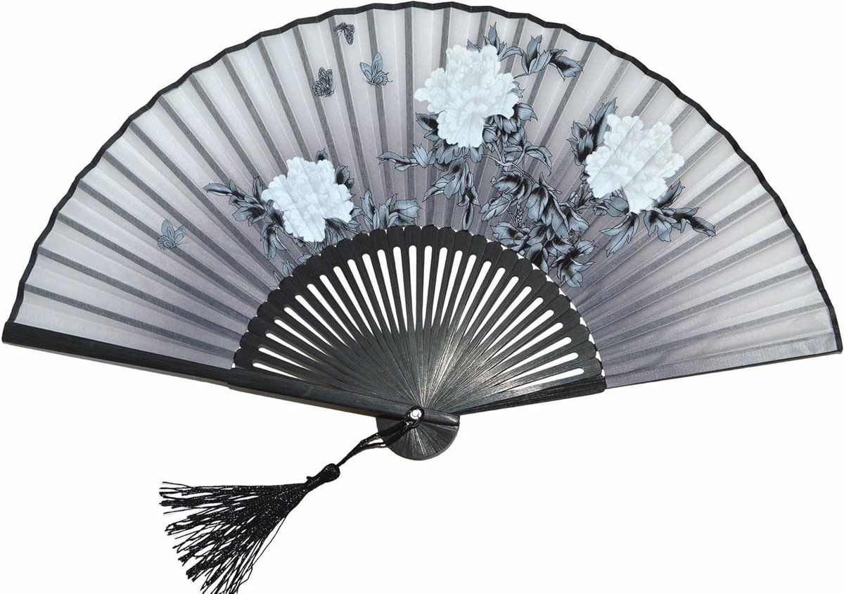 Handgemaakte zijden handventilator met bamboe, inclusief opbergtas en geschenkdoos, perfect voor bruiloften en feesten, met een prachtige pioenroosprint