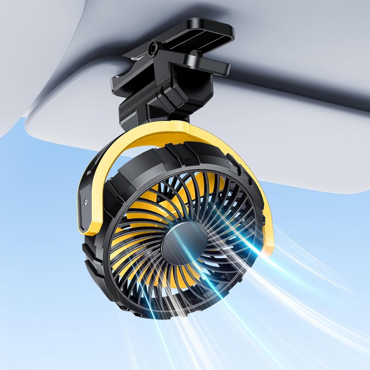 Batterijgevoede autoventilator met clipbevestiging, geschikt voor zonnekleppen, achterbank en dakgrepen; draagbare oplaadbare autoventilator, geschikt voor SUV's en bestelwagens.