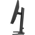Zijzicht van een zwarte monitor op een zwarte standaard.
