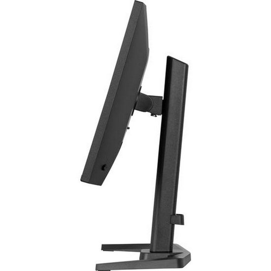 Zijzicht van een zwarte monitor op een zwarte standaard.