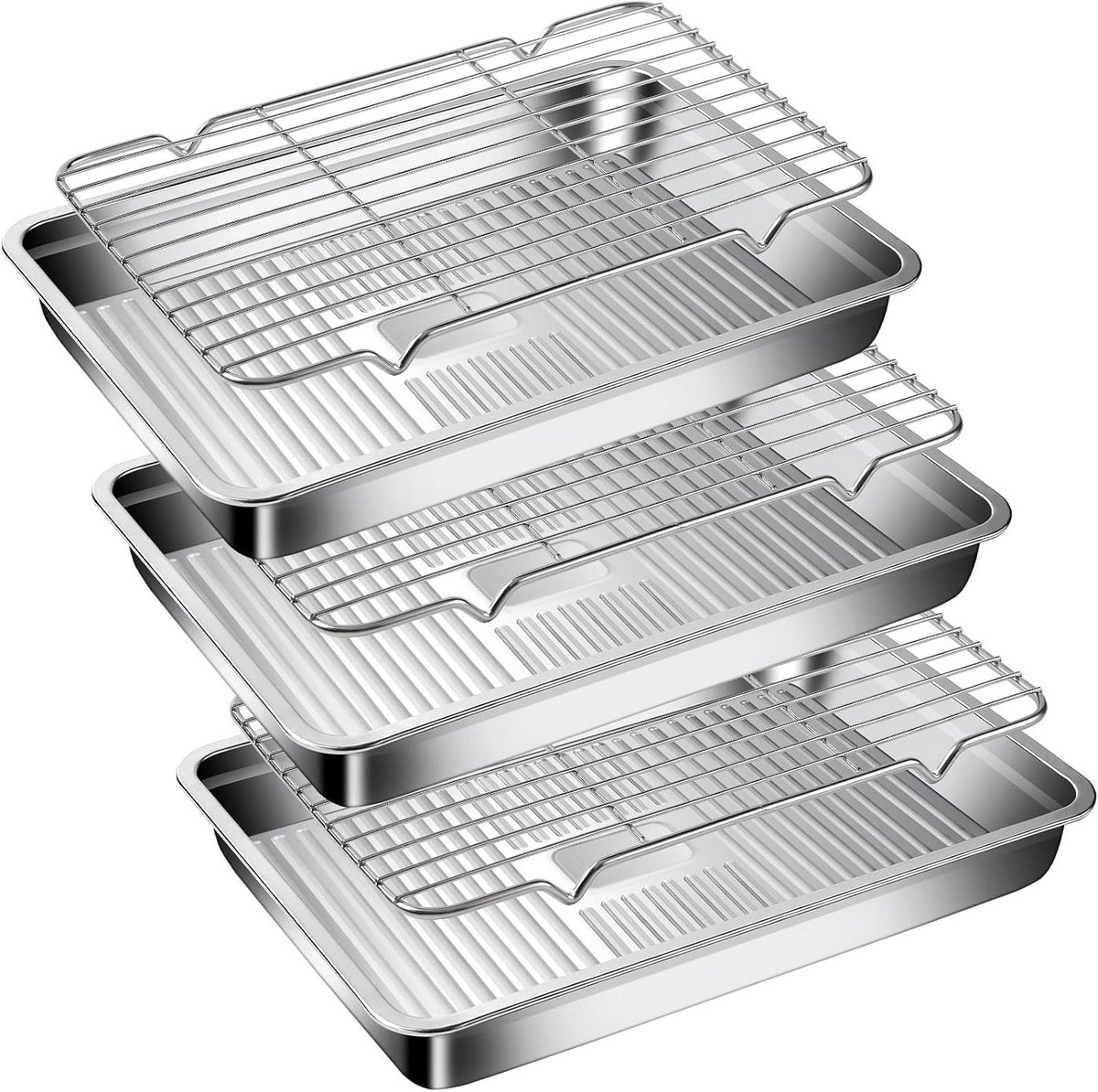 GIUOIDUO Stainless steel baking tray with grill, (3 baking trays and 3 grills), for baking, cooling biscuits or bacon, ovens and dishwashers safe, evenly heating, durable cookie tray