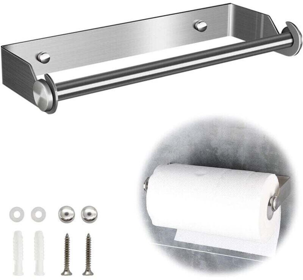 Papieren handdoekdispenser, houderdispenser, dispenser geschikt voor folie en plasticfolie, wandgemonteerde keukenrolhouder (zilver).
