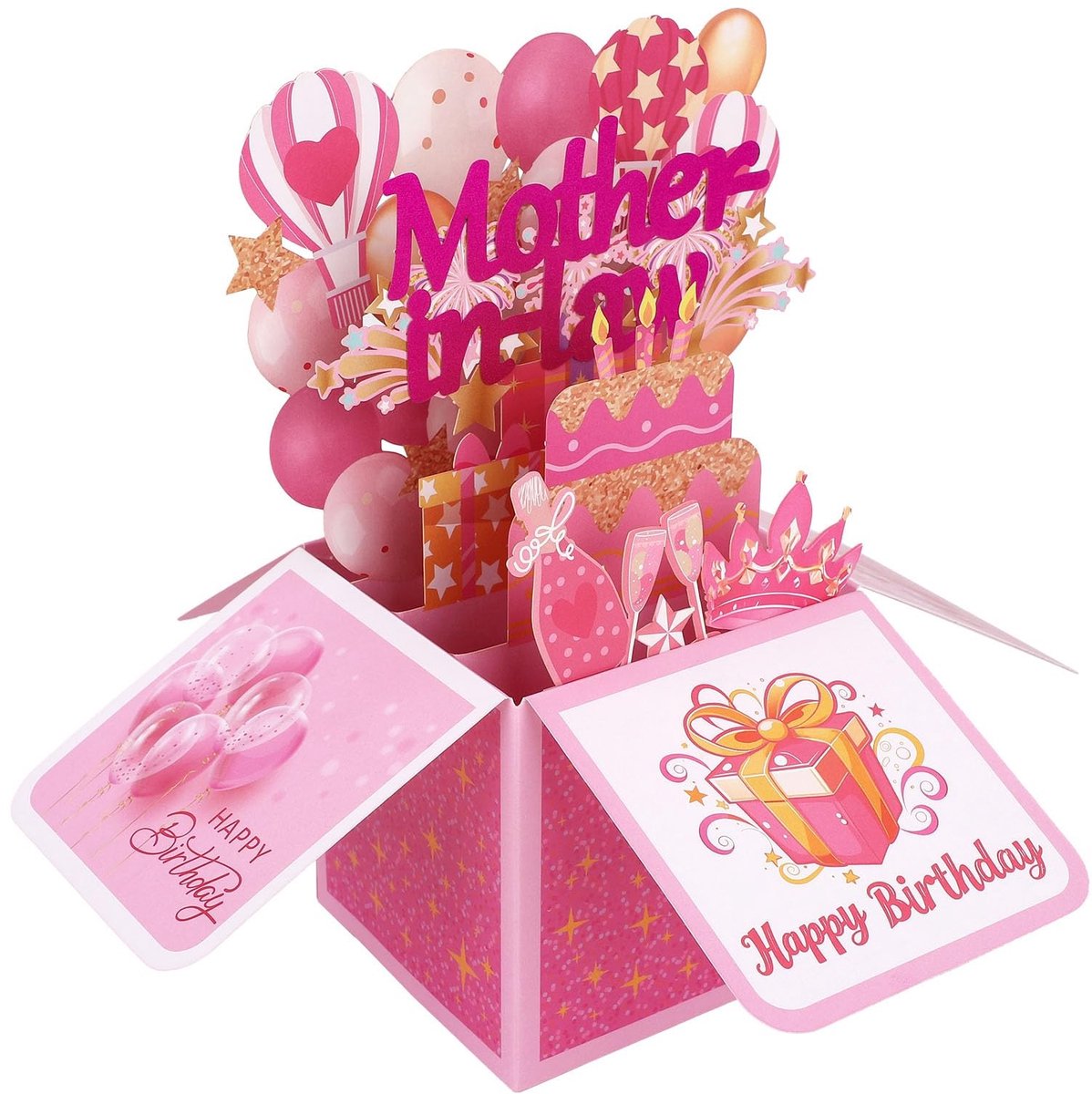 Verjaardags Pop Up Kaart met Taart en Ballonnen voor Schoonmoeder - Elegante 3D Wenskaart - Inclusief Envelop - Kleurrijk Design - Origineel Cadeau Idee