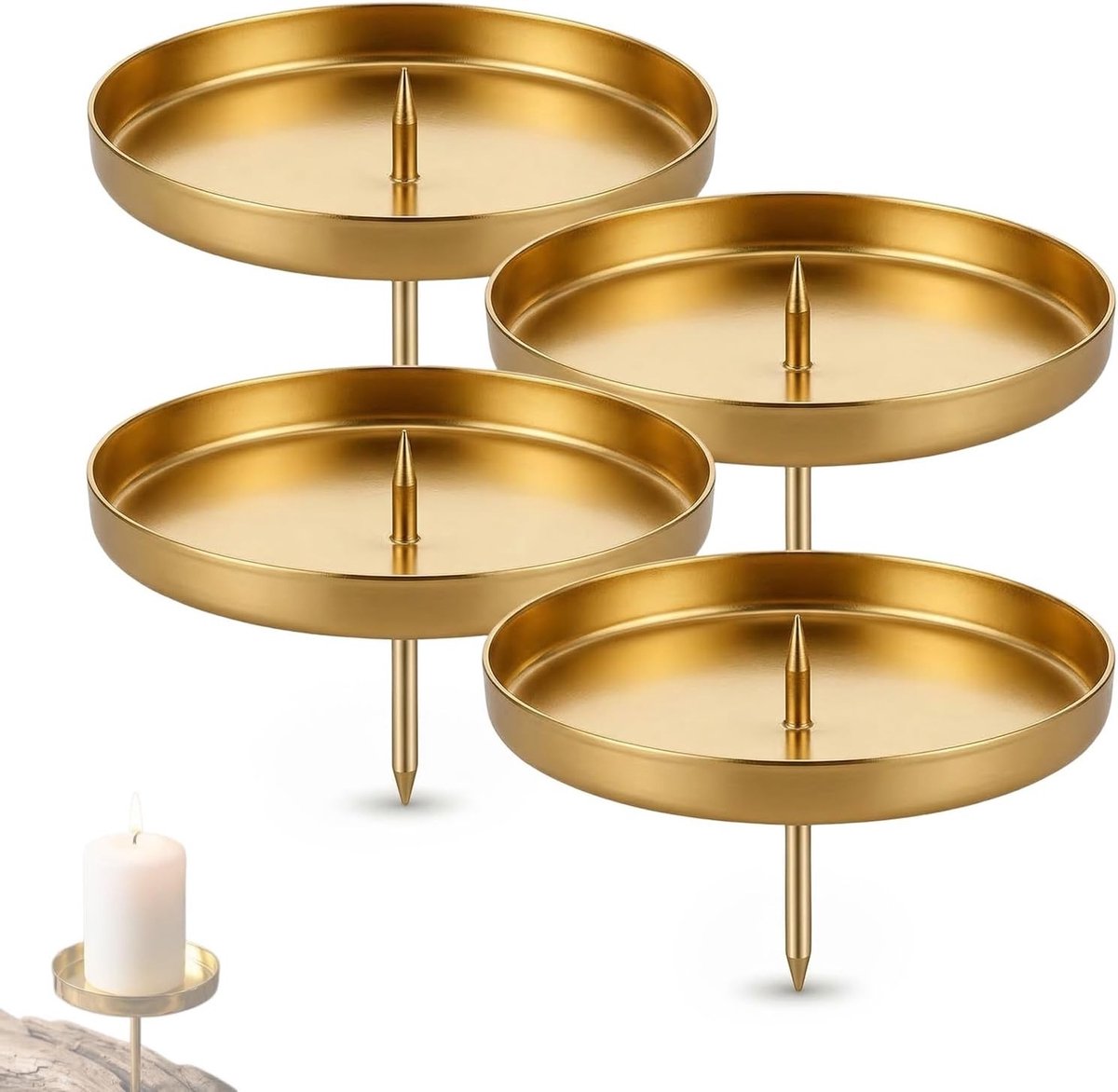 Set van 4 Adventskroon Kaarsenhouders in Goud - Metalen Kaarsbak voor Stamkaarsen van 7,5 cm