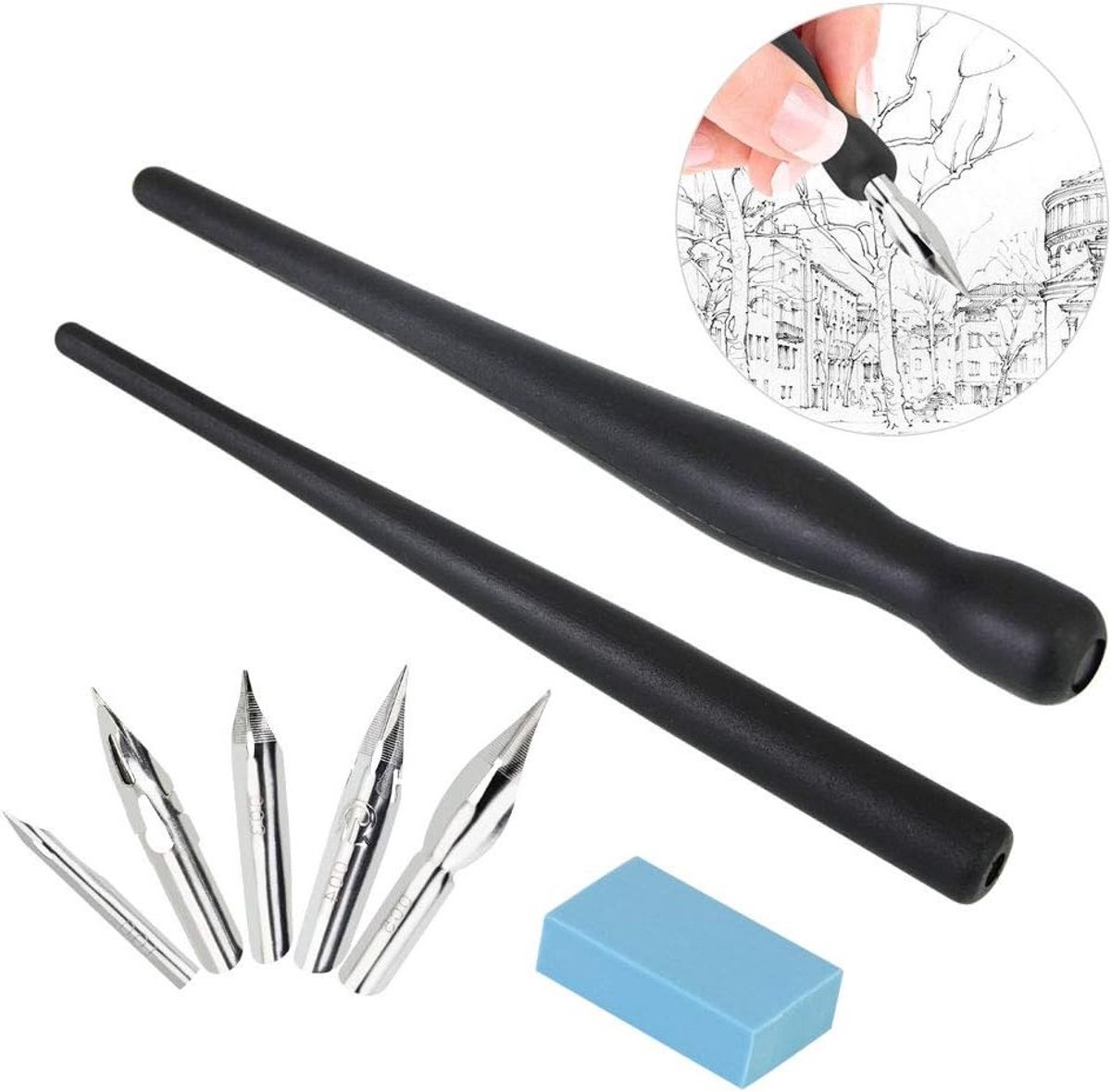 Tekenpen Set voor Manga en Striptekeningen met 2 Houder, 5 Nibs en Gum voor Calligrafie en Schetsen