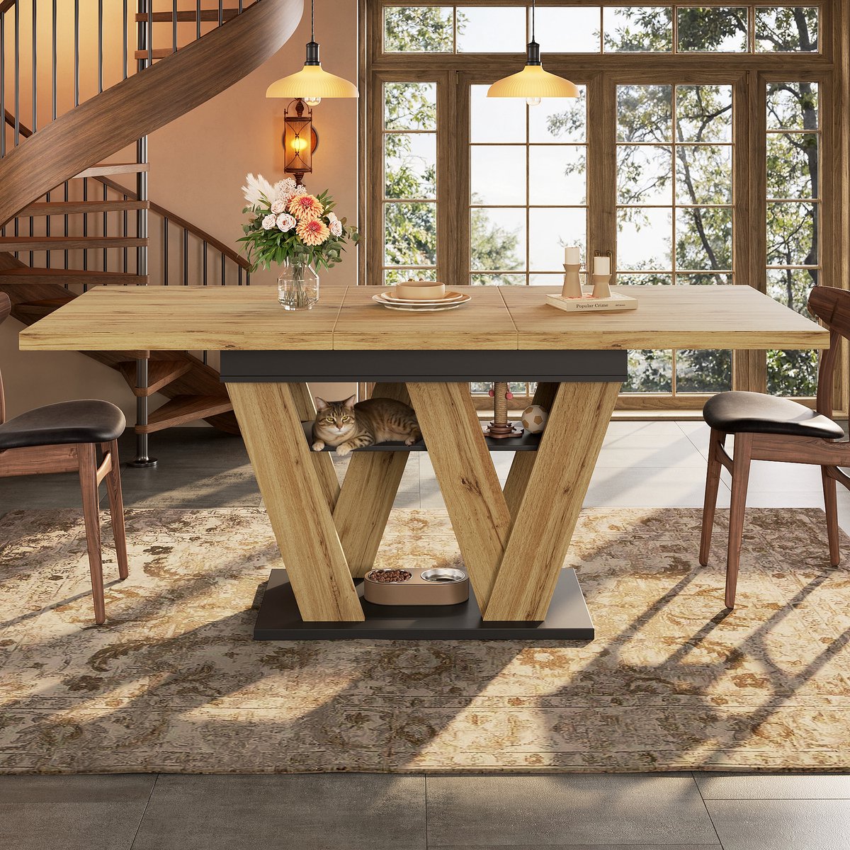 MODFU Uitschuifbare Eettafel - Met Opbergvak En W-Vormige Poten - Modern - MDF - Zwart En Naturel - 119-158,5 x 80 x 75 cm