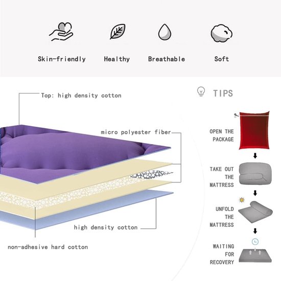 Vloermatras met hoes - Zacht slaapkussen - Comfortabel slapen - Geüpgraded 5-laags structuur - 200x220cm - Paars — afbeelding 2