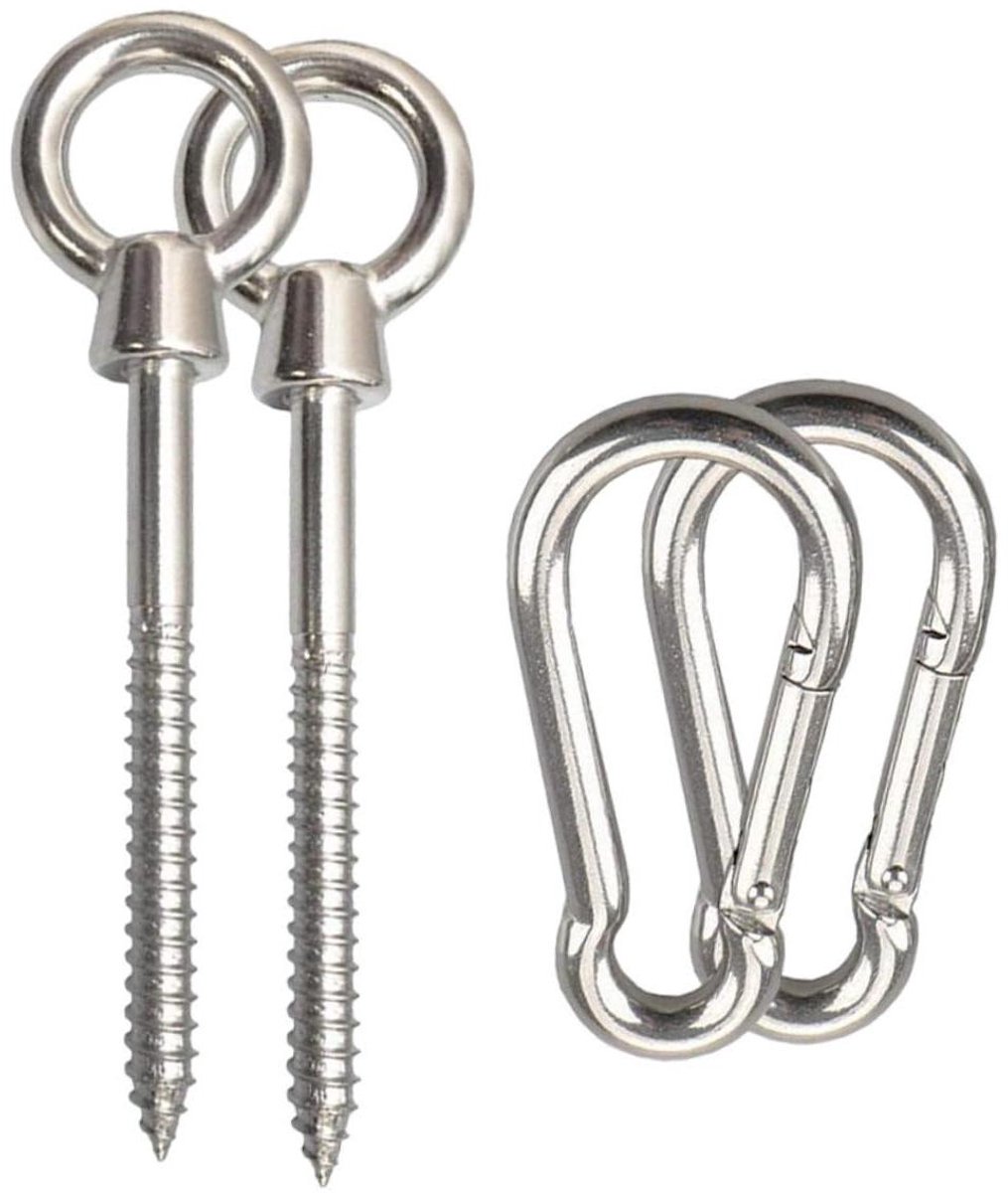 Hangmat Ophangset - Bevestigingshaken - Ontspanning Buiten - Roestvrij Staal - 12 cm - Zilver