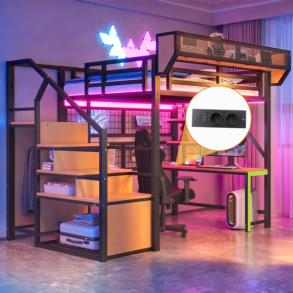 YEHTOKHOME Metalen hoogslaper 140 x 200 cm, met Bureau, Boekenplank en opbergnet, LED-verlichting en stopcontact, Open kast, Veiligheidsladder, Zwart, Zonder matras