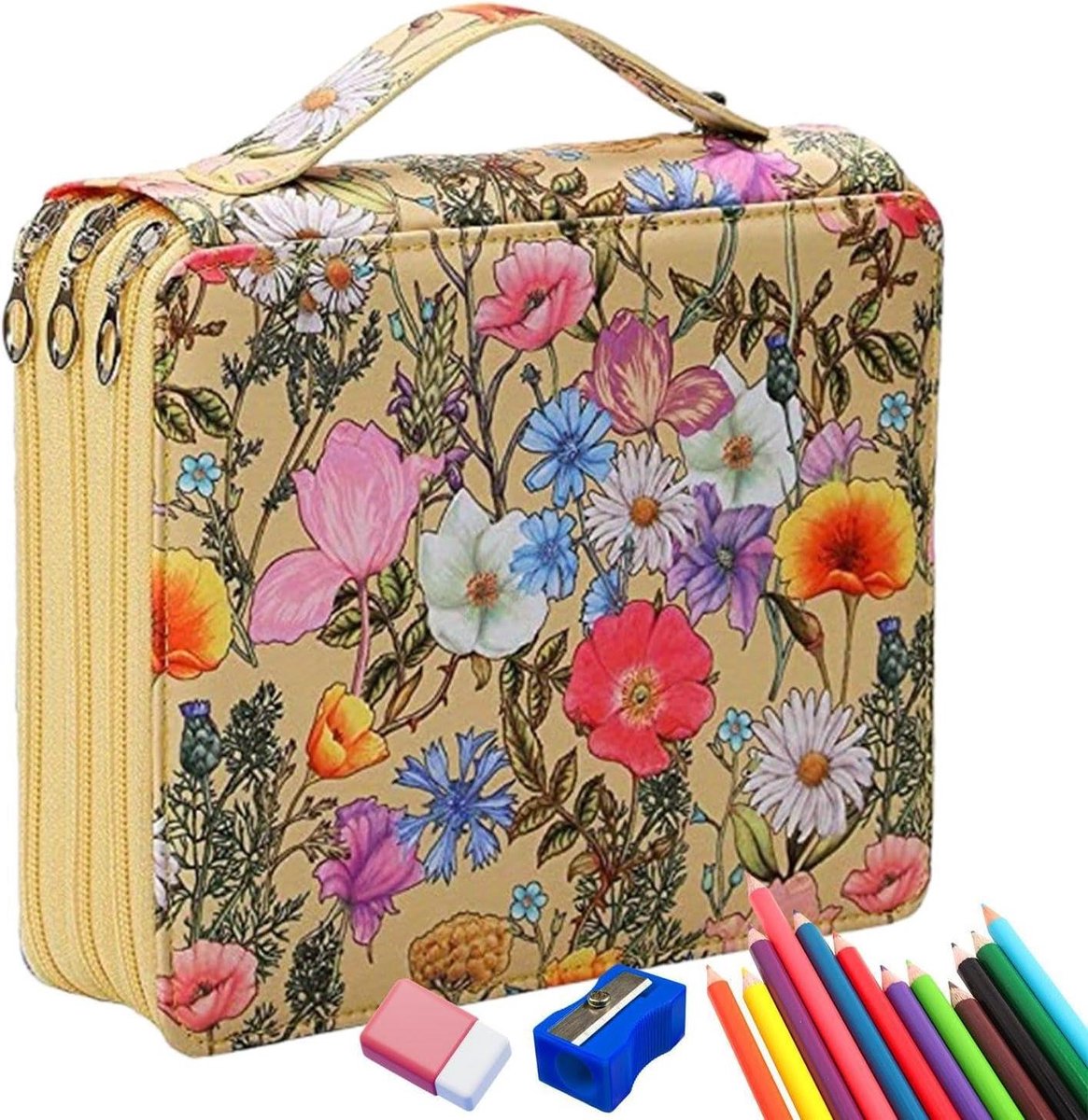 Potlood Pouch - Kleurpotlood Tas - Kunst Benodigdheden - 124 Slots - 24 x 20 x 6 cm - Geel