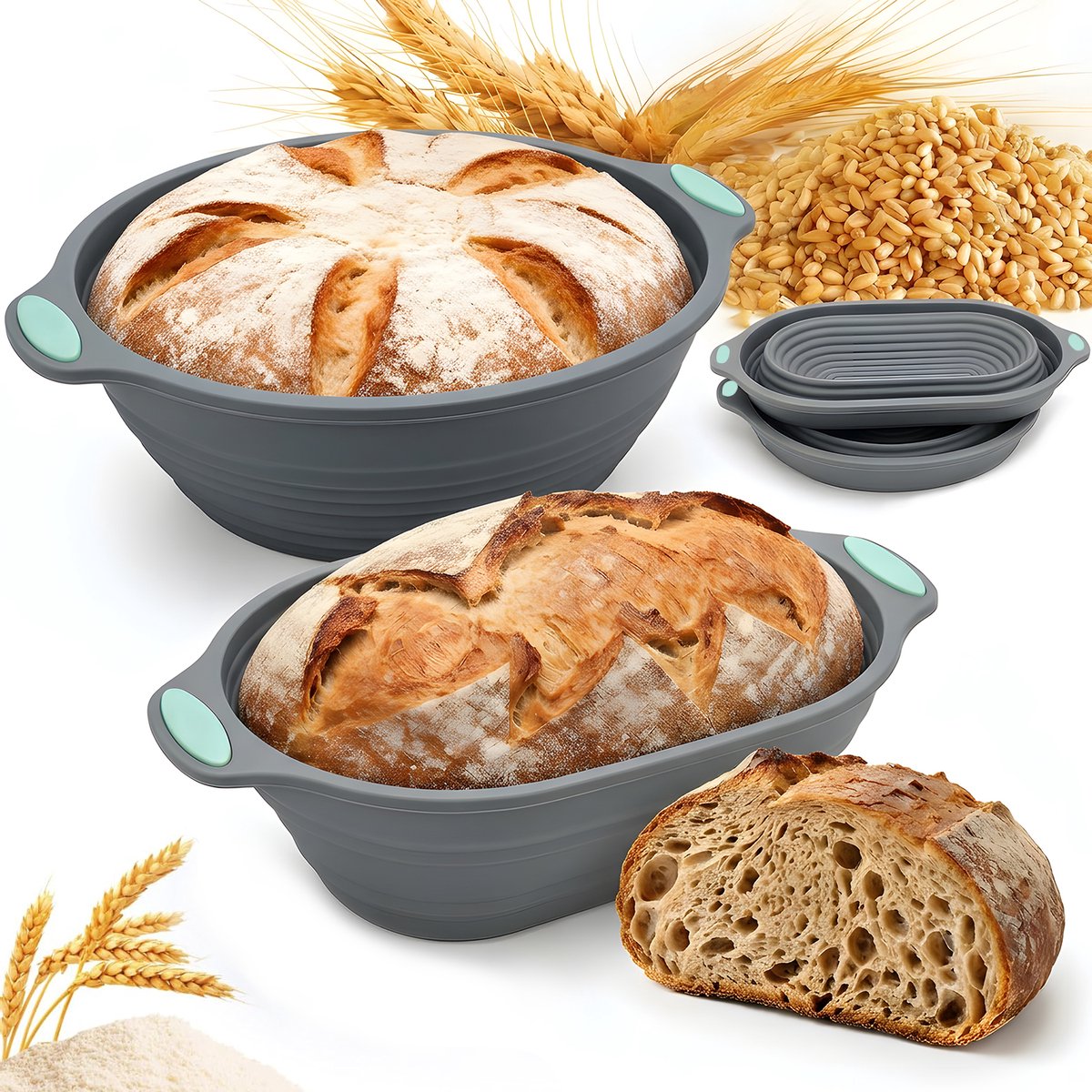 Opvouwbare Siliconen Rijsmand Set – Brooddeeg Kom Rond + Ovaal – Grote Bakvorm voor Brood & Cake – Hittebestendig Bakgereedschap