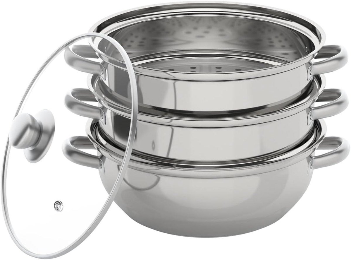 Drielaagse stoompan - Stoomkoker set - Gezond koken - Flexibel 3-in-1 design - 28 cm - Zilver
