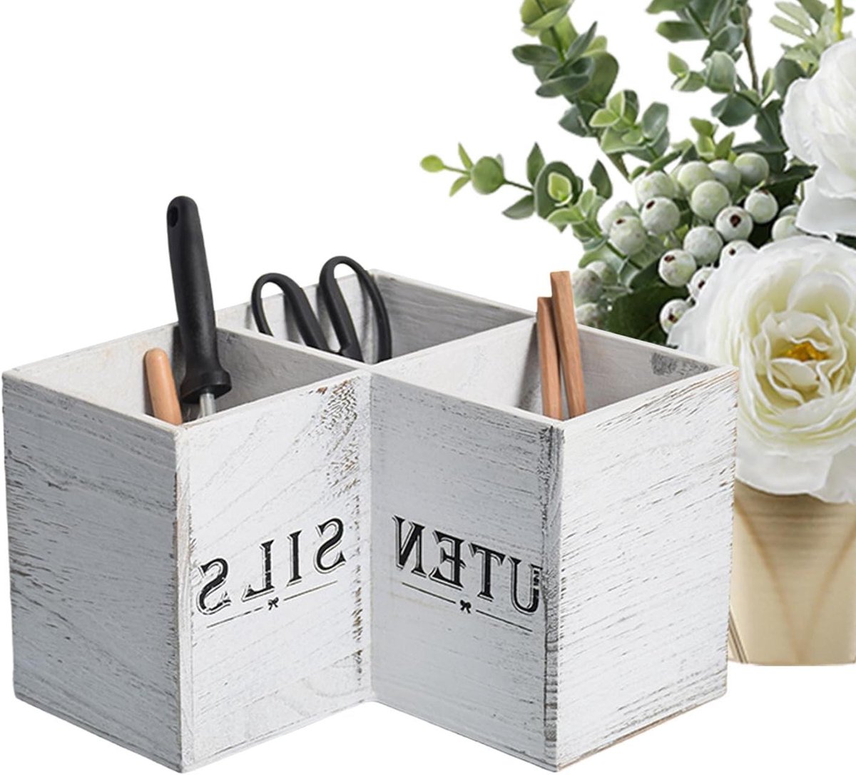 Keuken Organizer - Bestekhouder Lade - Keuken Ordenen - Rustieke Houtlook - 26x26x18 cm - Wit