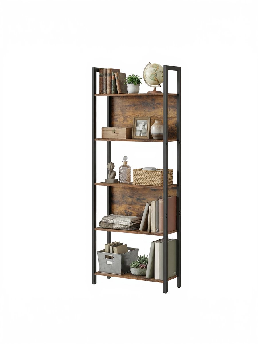 Vasagle Boekenkast - Met 5 Niveaus - Stabiel Stalen Frame - Voor Kantoor Hal Woonkamer Vintage bruin, zwart