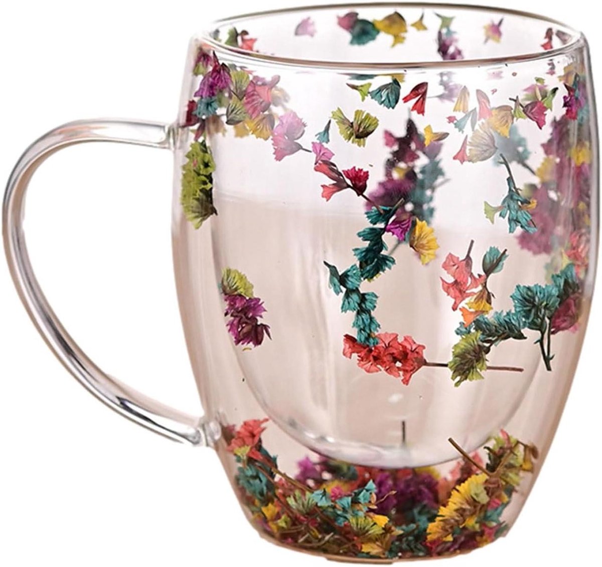 Glazen Mok - Dubbelwandig Beker - Warme Dranken - Gedroogde Bloemen - 350 ml - Helder