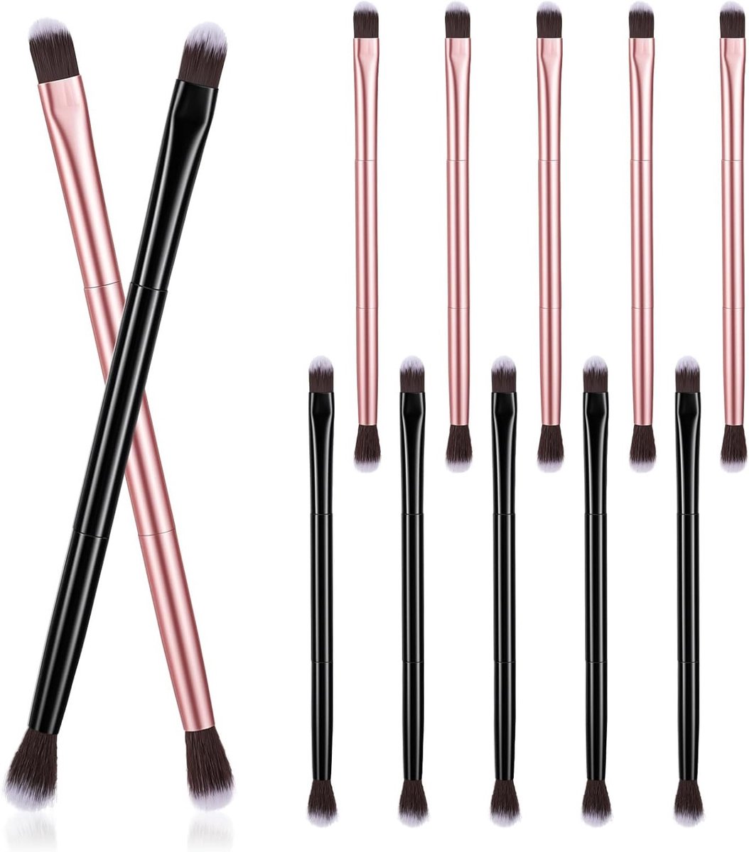 Set van 10 Oogschaduw en Contour Borstels voor Make-up, Dubbele Applicators voor Menging en Schaduwen, Zachte en Stevige Foundation Tools in Goud en Zwart