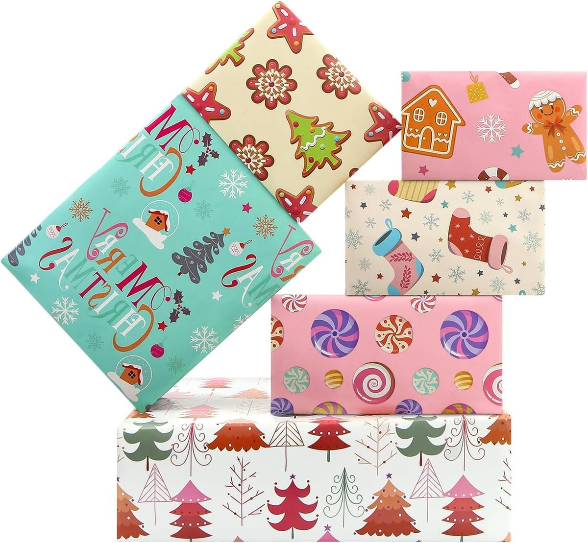 Kerstcadeau inpakpapier met 6 ontwerpen, zoete snoepjes en kerstboommotieven voor feestelijke gelegenheden zoals Kerstmis, verjaardagen en nieuwjaarsfeesten