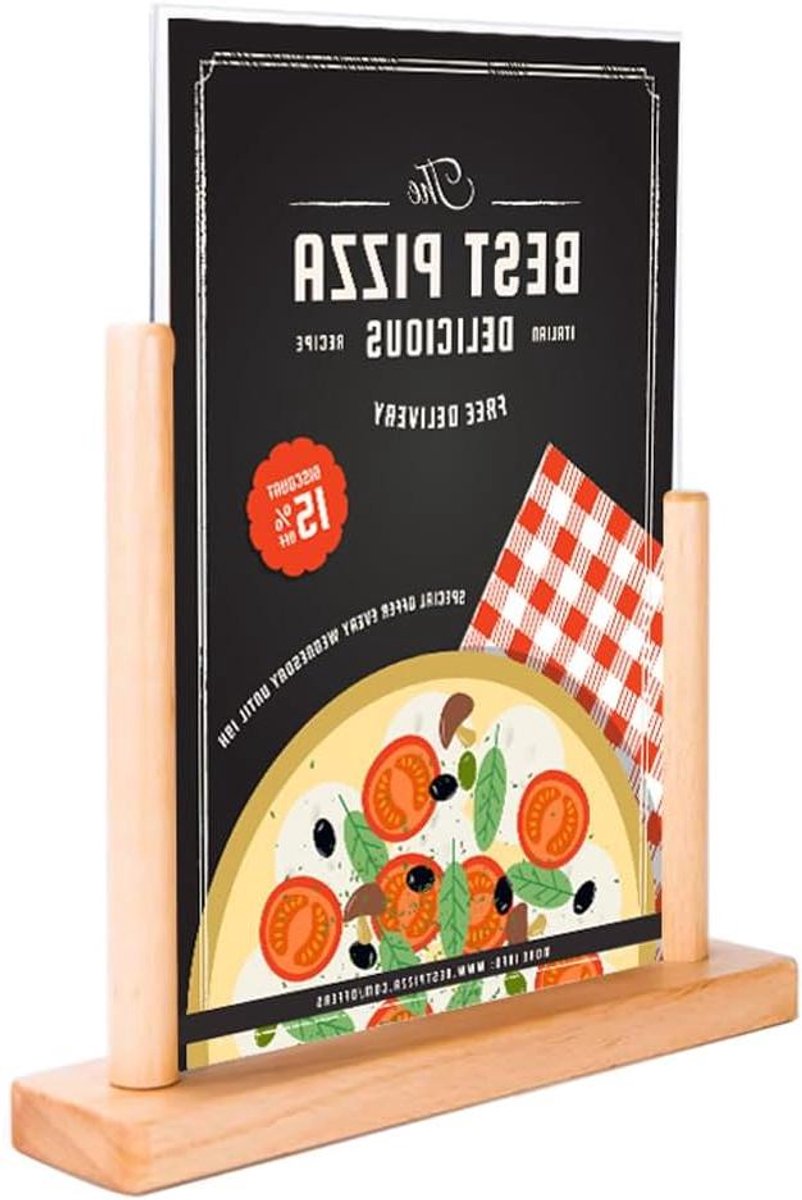 Acryl Tekenhouder - Menu Display - Informatie Tonen - Houten Basis - A5 Formaat - Transparant