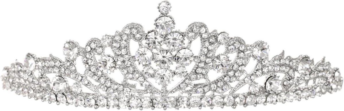 Bruid Tiara - Bruiloft Kroon - Feestelijk Accessoire - Strass Kristal - 16 x 16 cm - Zilver