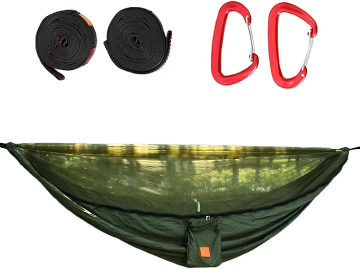 Campinghangmat met net - Reishangmat Buiten - Ontspannen in de natuur - Geïntegreerd muggennet - 270 x 140 cm - Groen