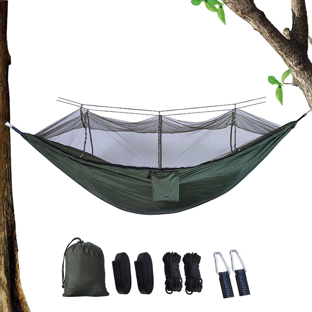 Camping Hangmat - Reis Hangmat - Buiten Ontspannen - Geïntegreerd Vliegengaas - 220 x 140 cm - Donker Legergroen