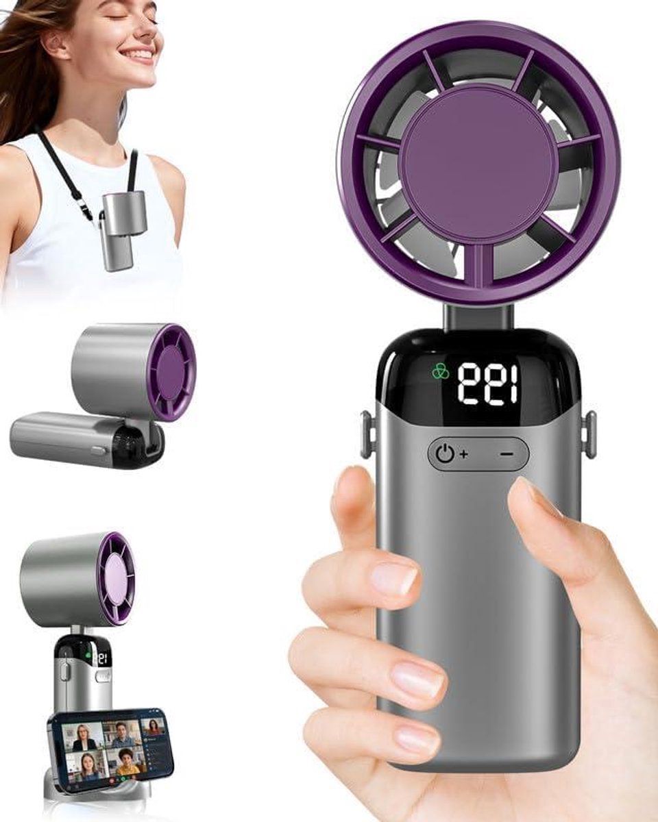 Handventilator - Draagbare ventilator - Persoonlijke verkoeling - Oplaadbaar 3500mAh - 8H cm - Grijs/lila