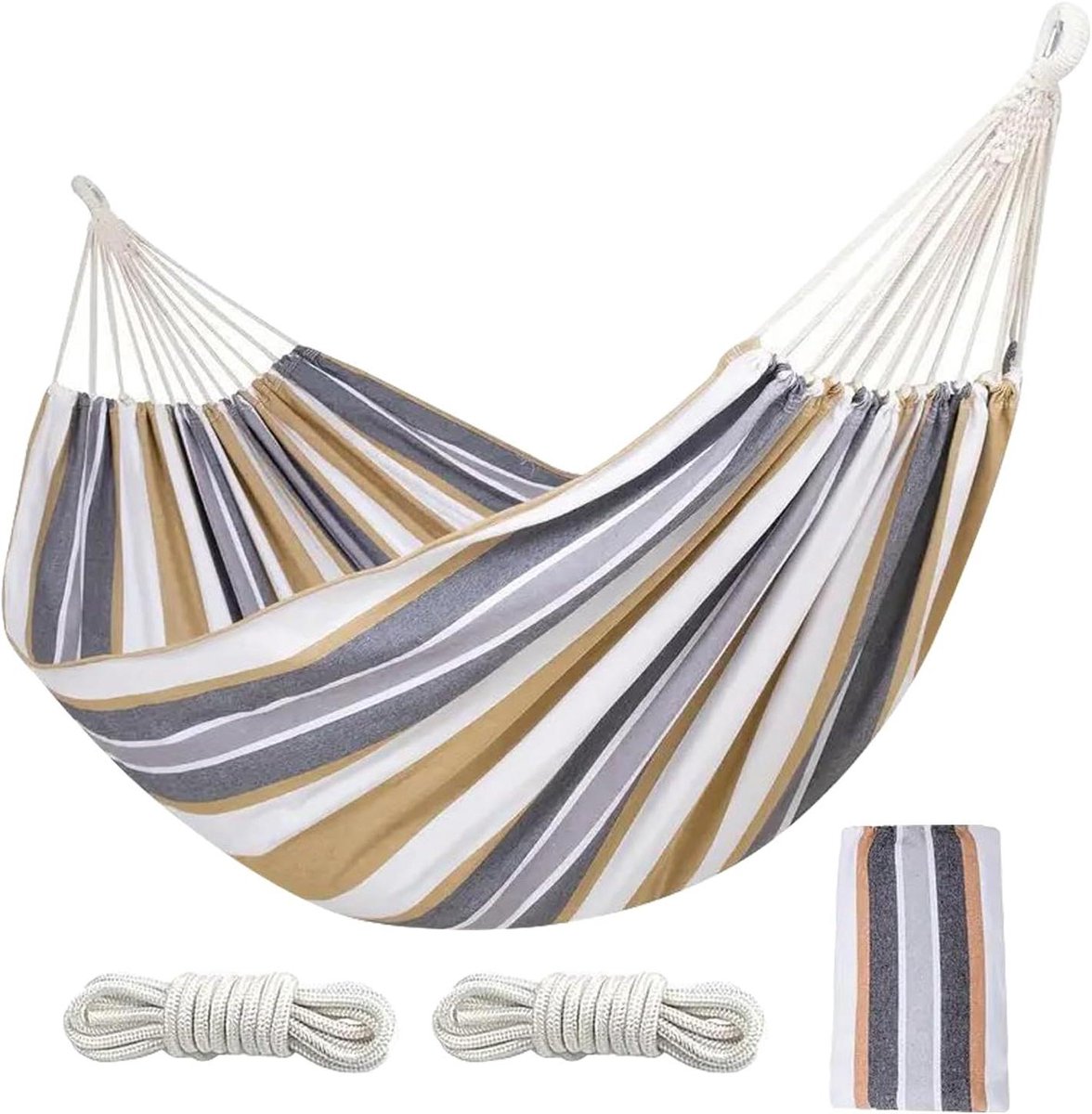 Reishangmat - Dubbele Hangmat - Buiten Ontspannen - Robuust Materiaal - 260x150 cm - Koffie Streep
