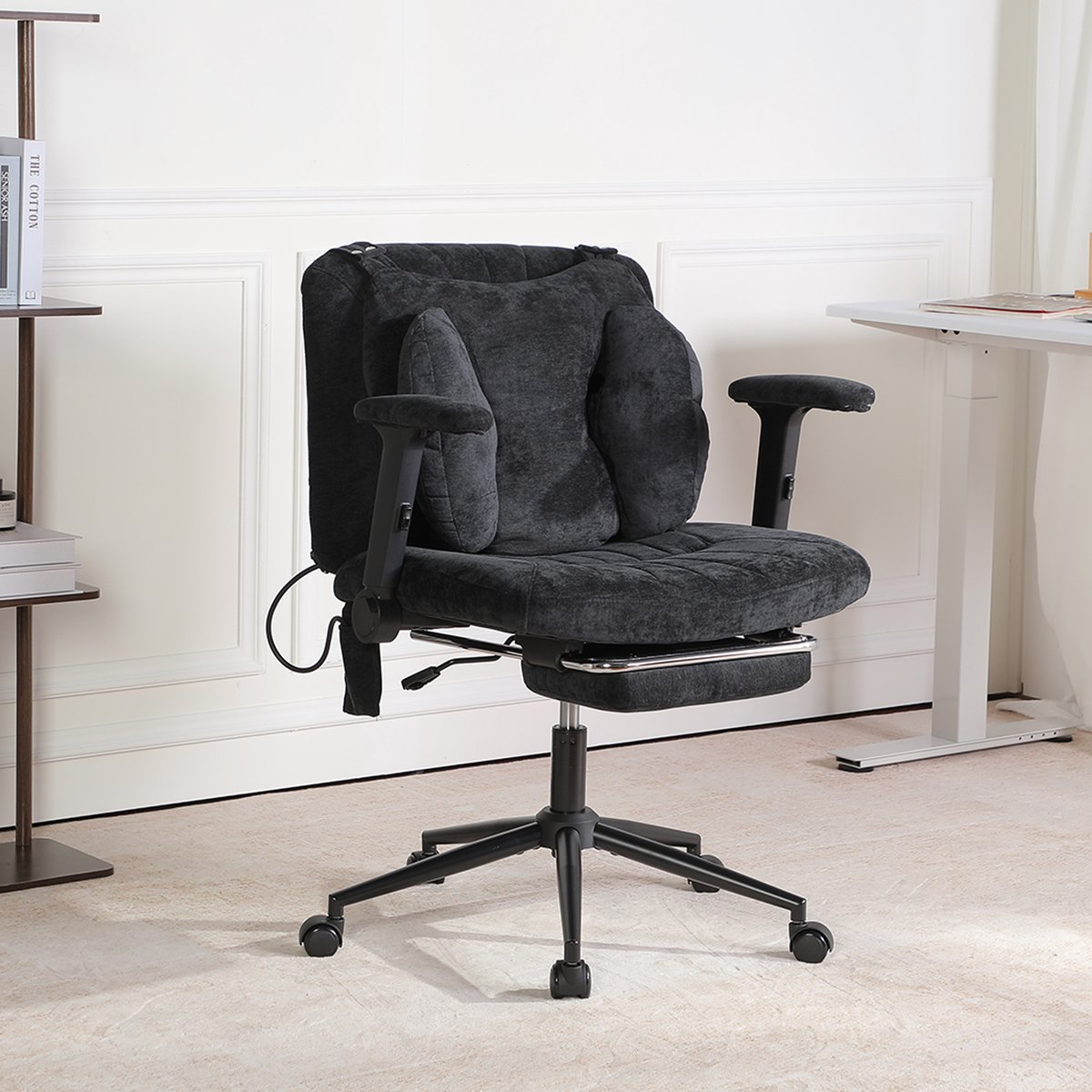 Ergonomische Bureaustoel - Fauteuilstoel - Brede Verdikte Zitting met Voetsteun - Verstelbare Opblaasbare Lendensteun - In Hoogte Verstelbare Armleuningen - Verstelbare Rugleuning - 360° Draaibaar met Stille Wielen - Stoel voor Studeerkamer-Zwart