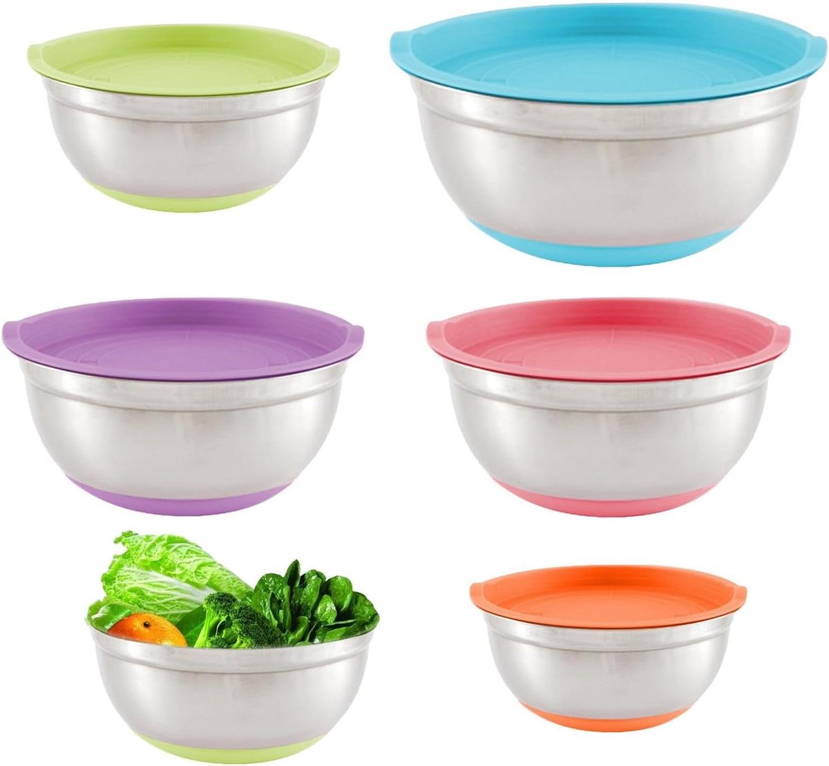 Saladekommen Set - Met Deksel - Keuken Werk - Antislip Bodem - 5 Delig - Zilverkleurig