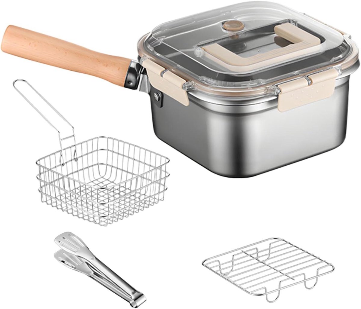Kleine friteuse met mand – draagbare kookpan met olie-afdruiprek robuust kookgerei van roestvrij staal compact keukengerei voor buiten gemakkelijk te reinigen frituurmand