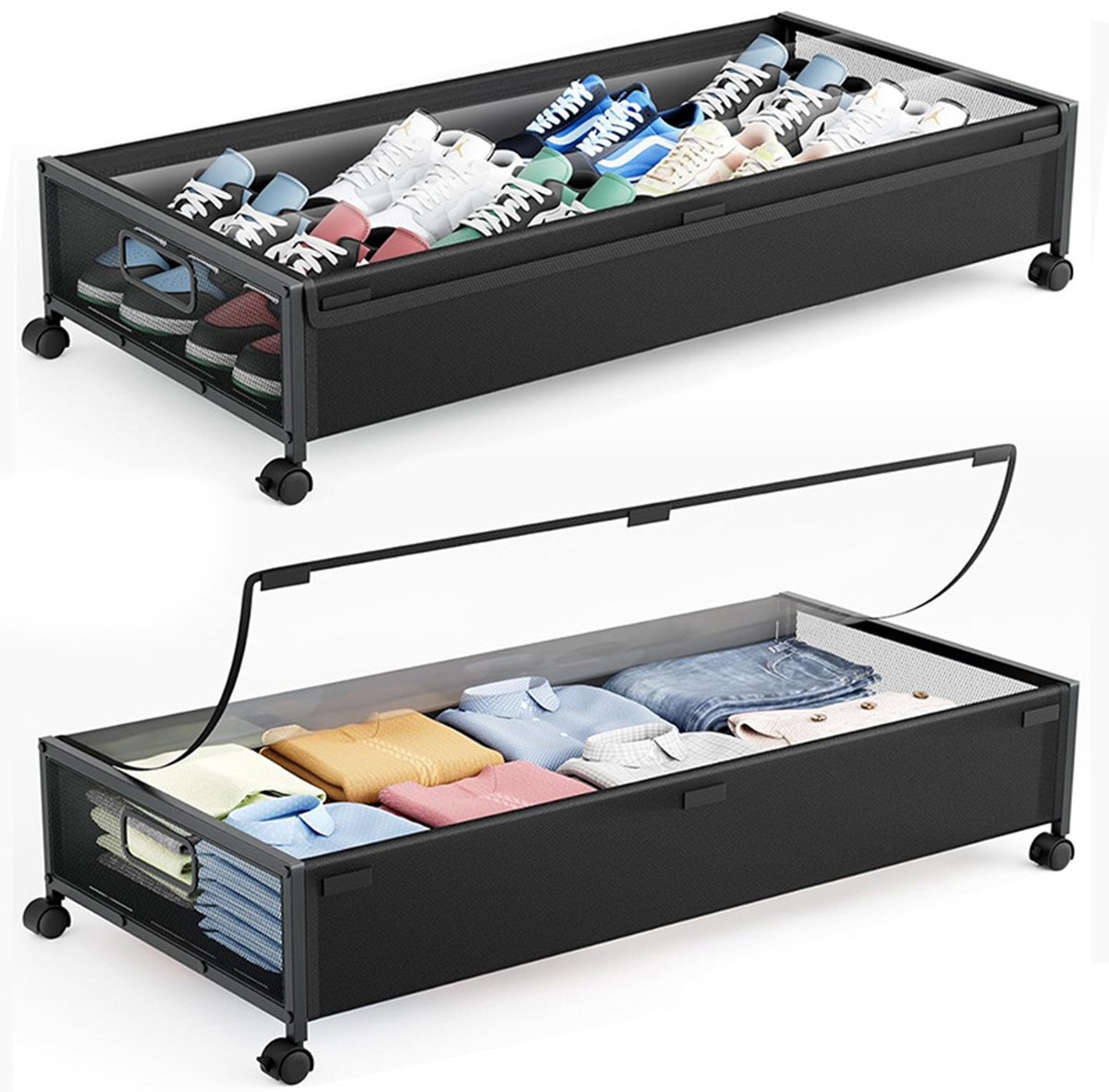 Onderbed opbergbox set van 2 met wielen - Bedlade opberger met transparant deksel - Voor kleding, schoenen en boeken - 80 x 42 x 18 cm - Zwart