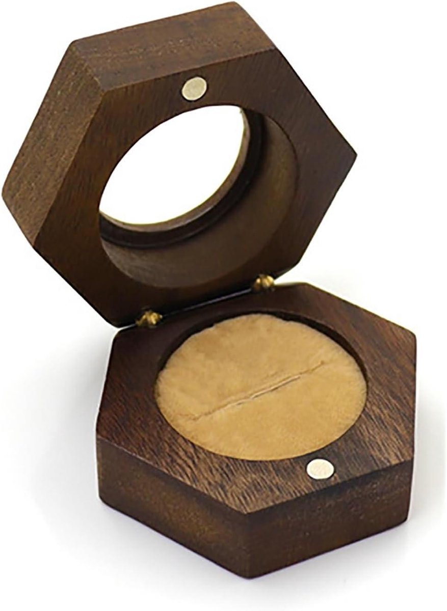 Ringendoos Hout - Juwelendoosje Voorstel - Huwelijksaanzoek Vieren - Met Fluweel Gevoerd - 5.5x4.8 cm - Champagne