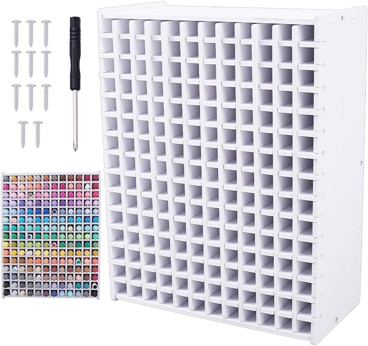 Houten Opbergrek voor Art Markers en Pennen, Organizer met 180 Compartimenten voor Creatieve Benodigdheden, 35,2x27,1cm, Desk Organizer voor Kunstbenodigdheden