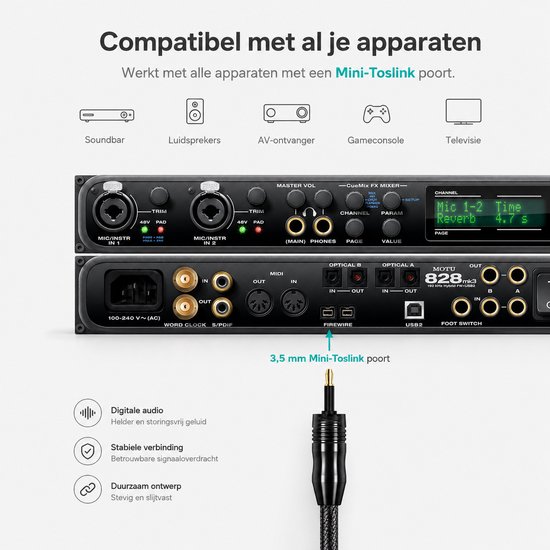Zwarte audioapparatuur met diverse ingangen, en een 3,5 mm Mini-Toslink-poort. "Compatibel met al je apparaten."