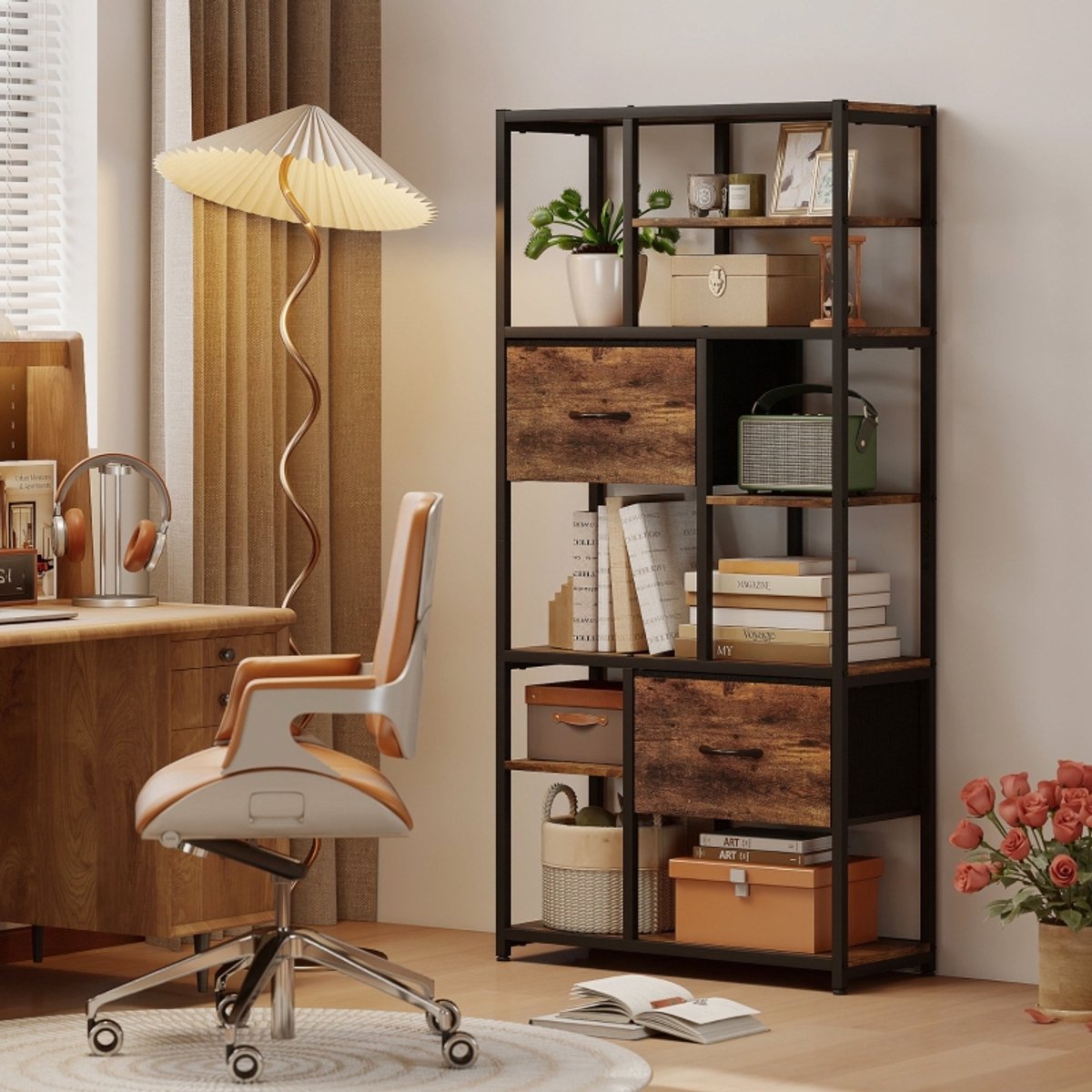 YYCHAN Boekenrek Boekenkast-72.5x30x150cm-6 Lagen-Opbergrek-Vitrine-Bruin/Zwart-Woonkamer/Slaapkamer- Retro-Industriële Stijl