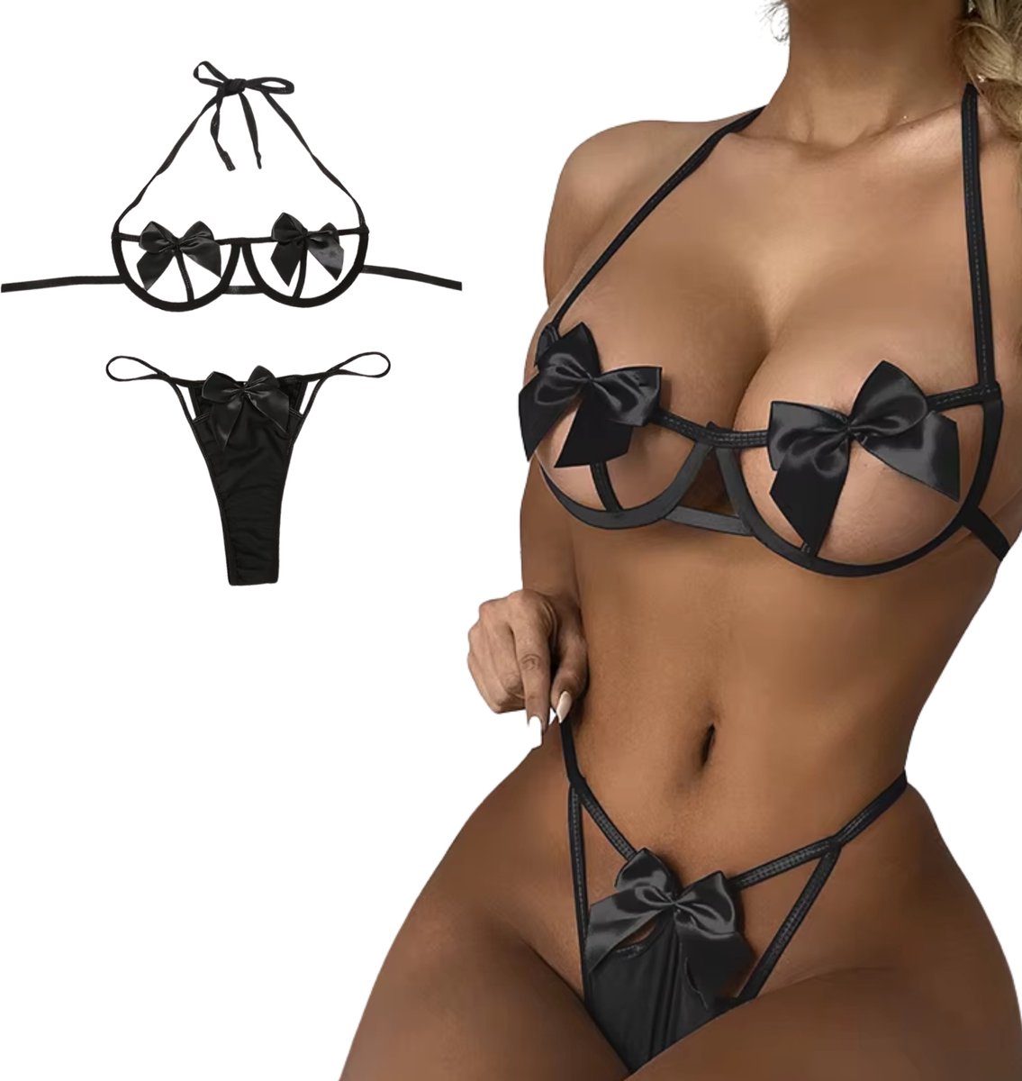 Sexy Dames Lingerieset – Zwart - Met Strikken – Tweedelige Lingerie Set - Halter Bralette Met Strikjes - String - Ondergoed Voor Vrouwen - Maat L