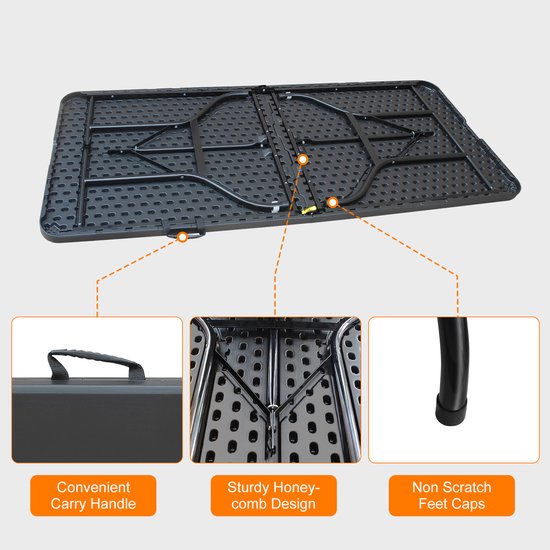 Re-purelife® Opvouwbare campingtafel 180×73×73 cm - zware klaptafel met handvat - tuintafel inklapbaar - heavy duty kunststof en ijzer - zwart - draagvermogen 135 kg van Re-purelife® — afbeelding 2